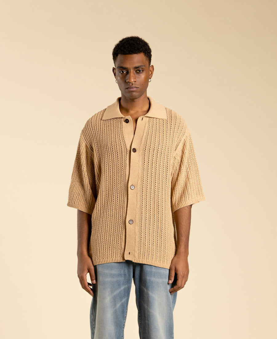 Cardigan oversize in maglia traforato - Beige