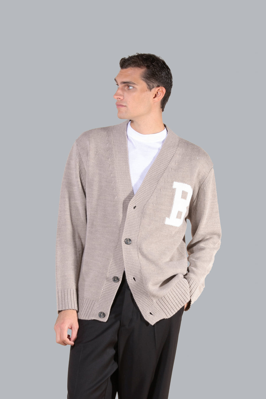 Cardigan intarsio logo B in misto lana - Beige