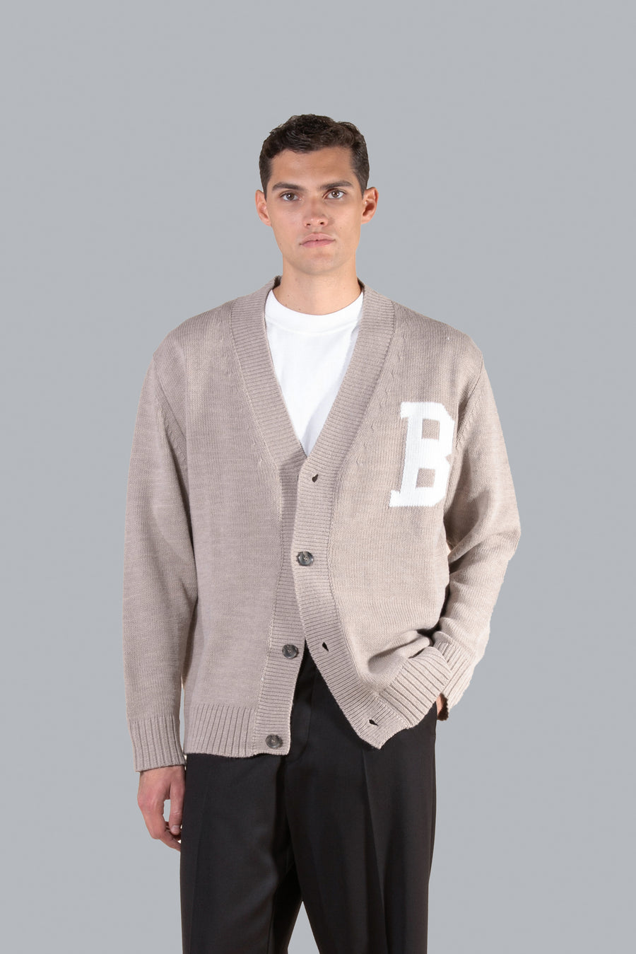 Cardigan intarsio logo B in misto lana - Beige