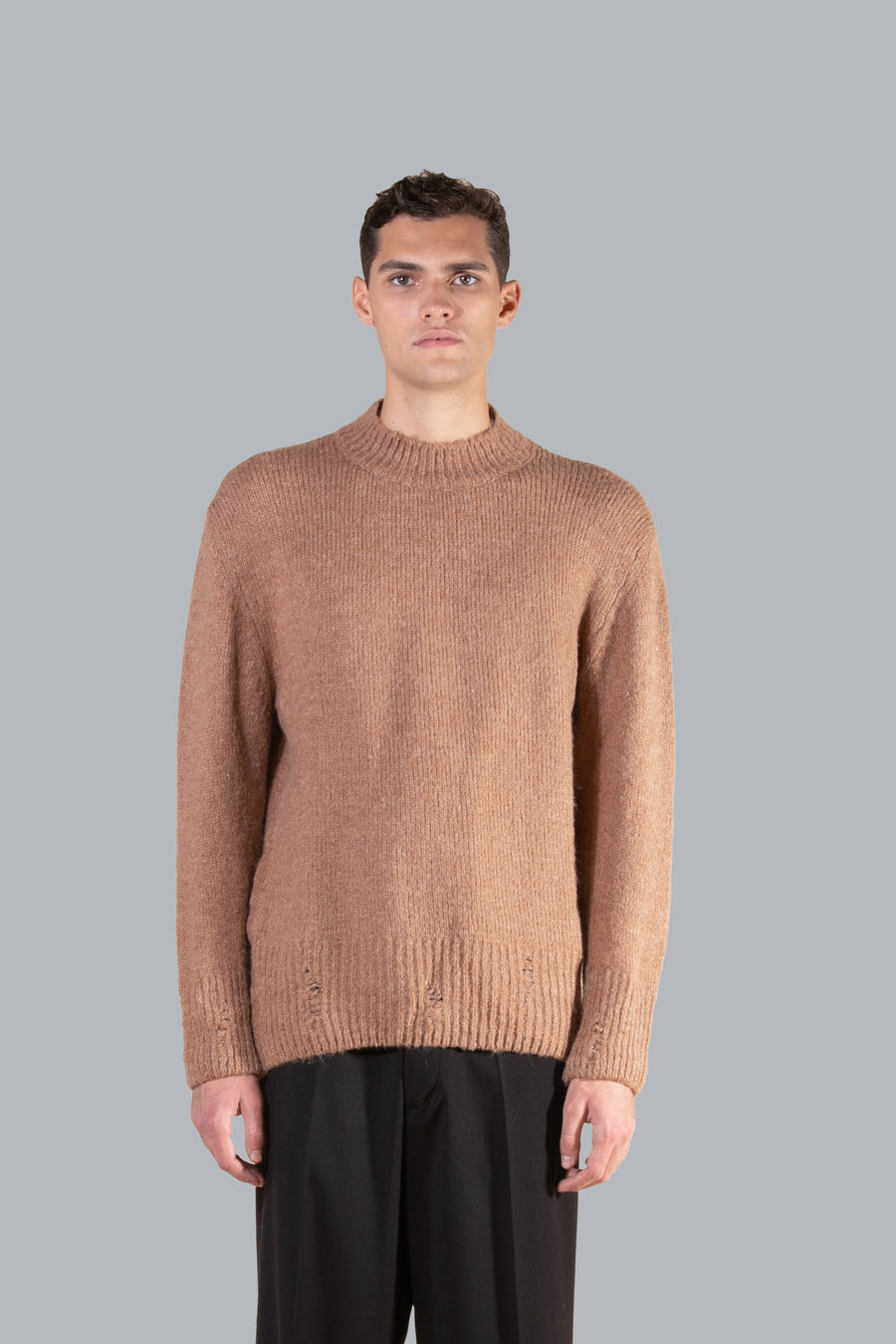 Maglia girocollo con microrotture - Beige