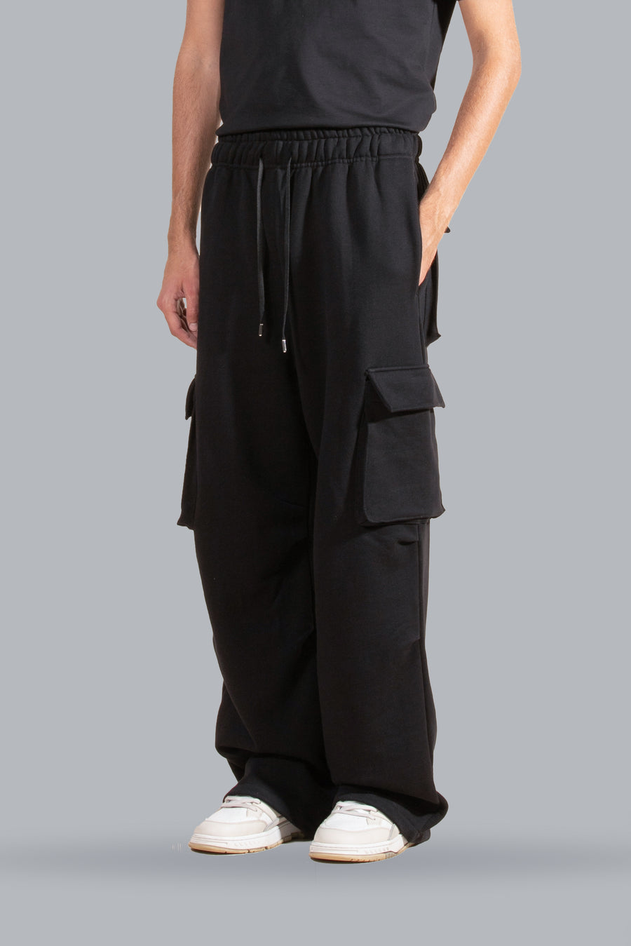 Pantalone cargo in felpa fondo ampio - Nero