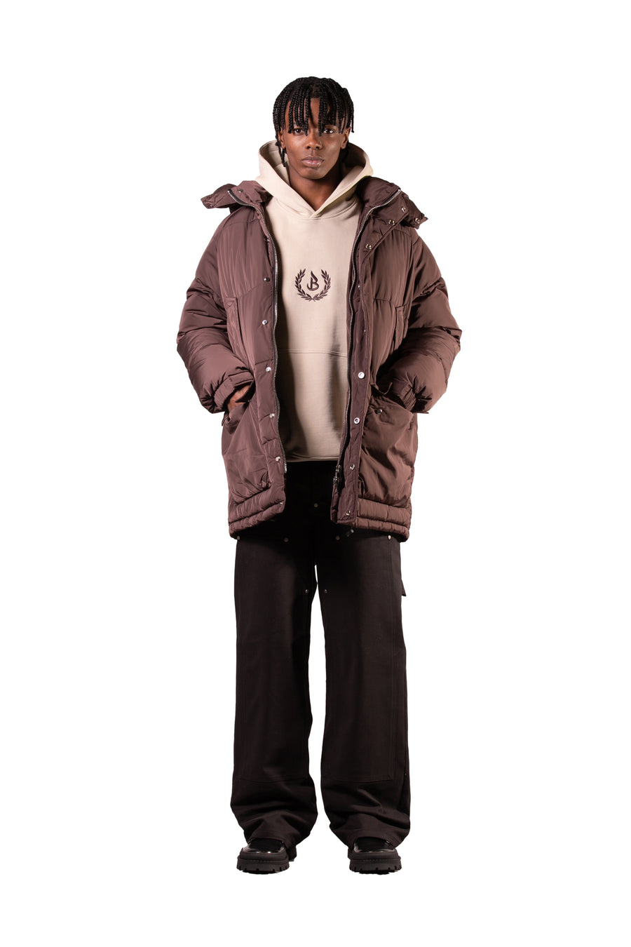 LONG DOWN JACKET WITH HOOD - BROWN