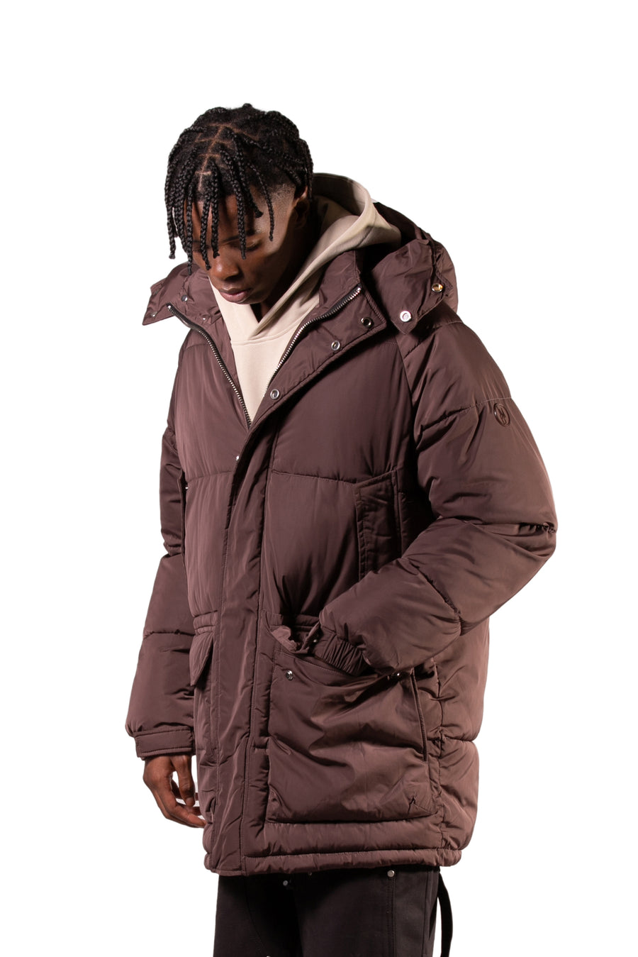 LONG DOWN JACKET WITH HOOD - BROWN