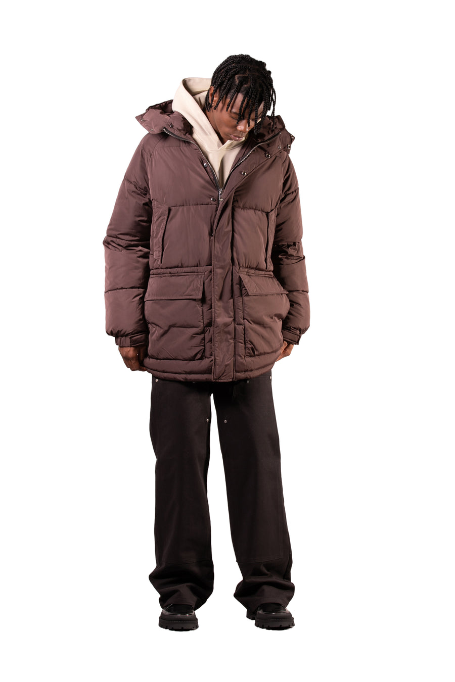 LONG DOWN JACKET WITH HOOD - BROWN