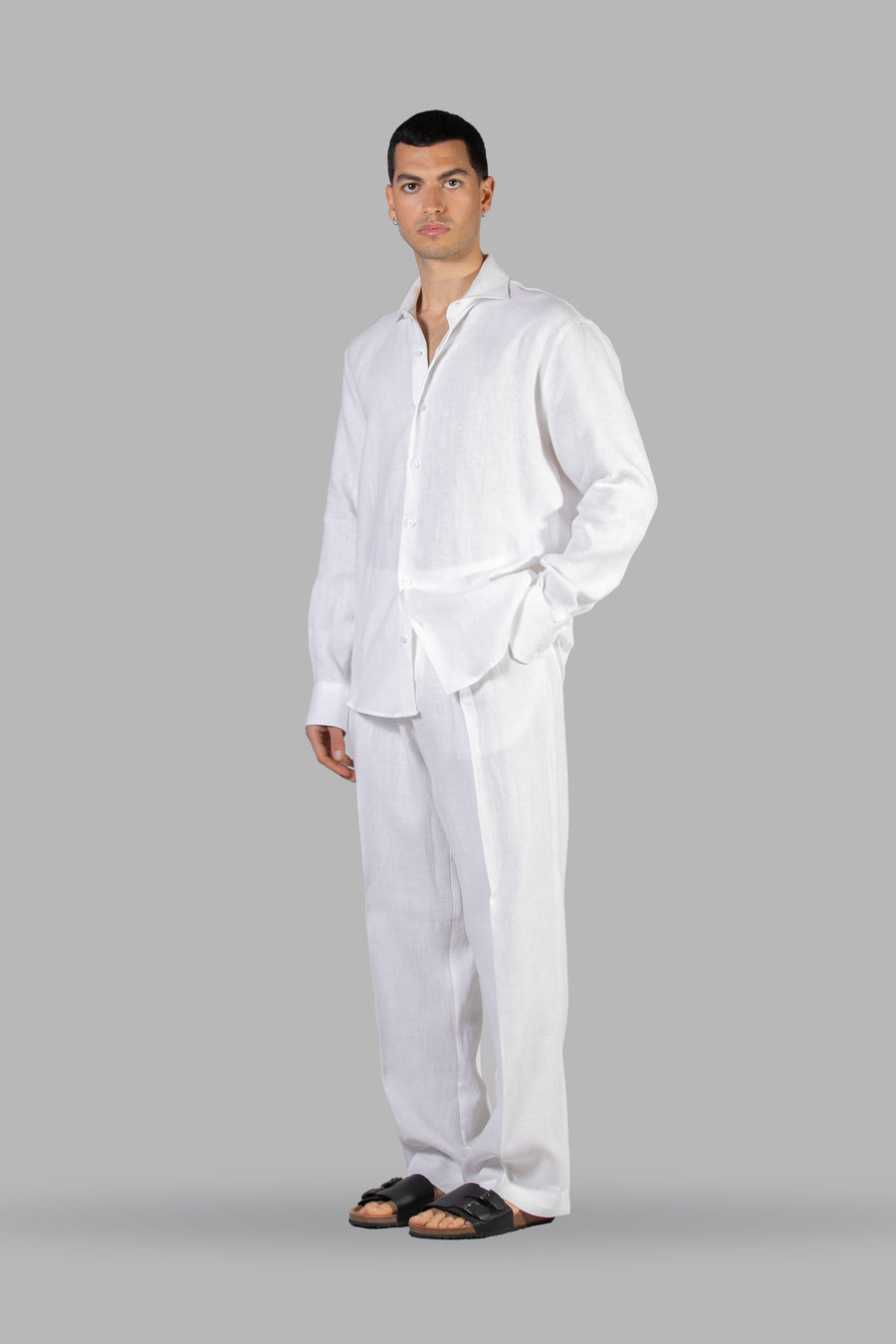 Pantalone fondo largo in 100% lino - Bianco