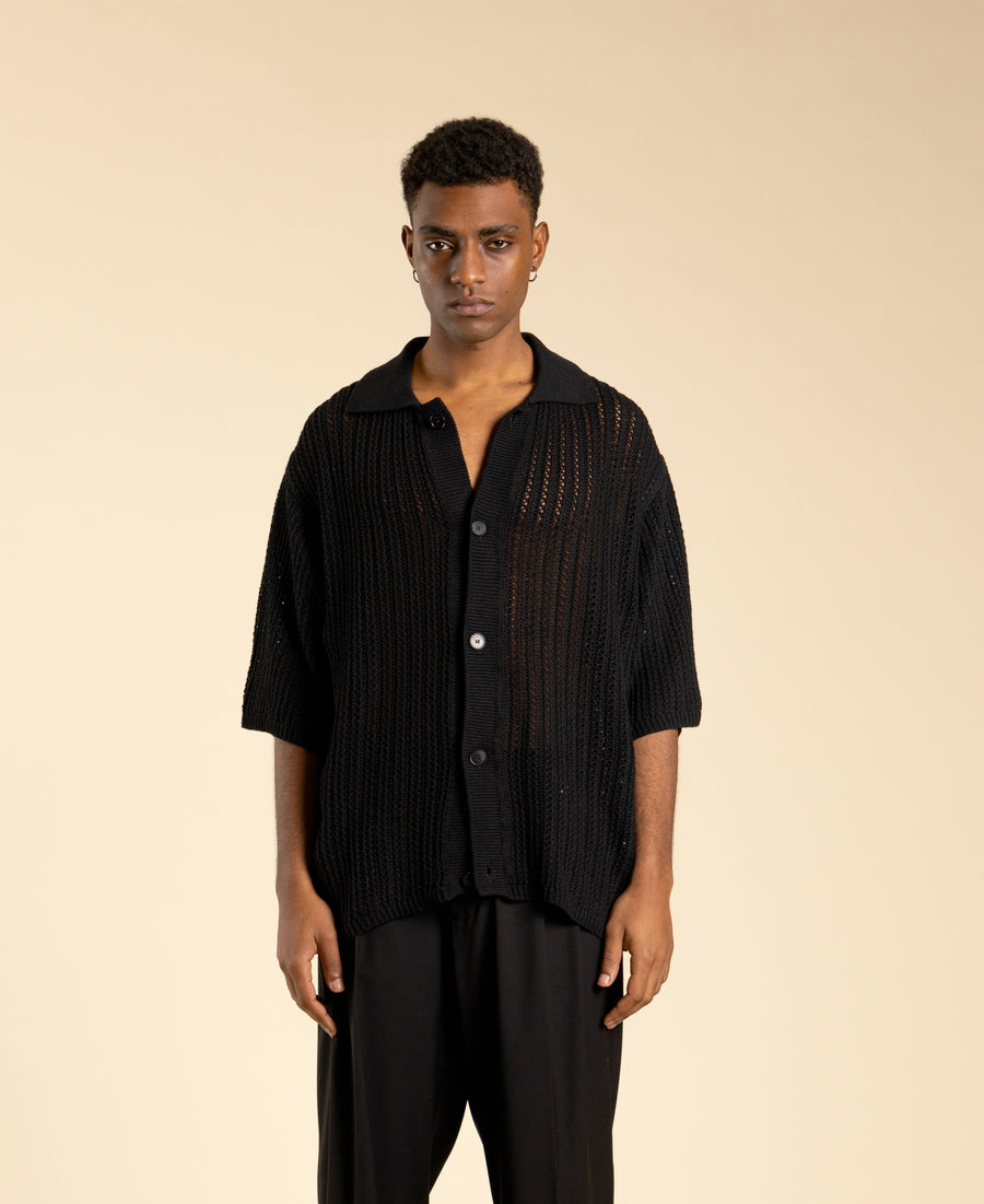 Cardigan oversize in maglia traforato - Nero