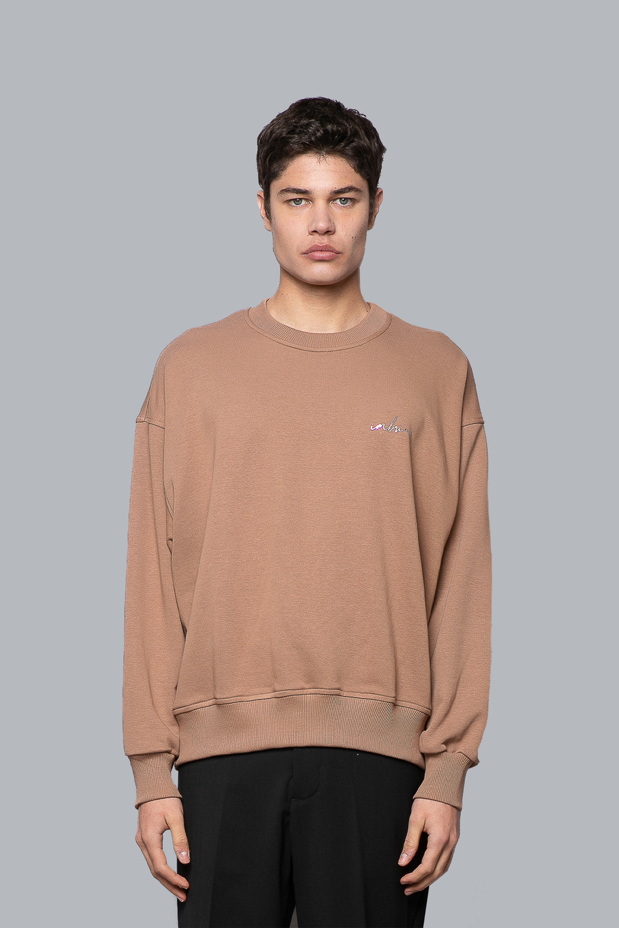 Felpa in cotone oversize fit girocollo con logo termoadesivo - Beige