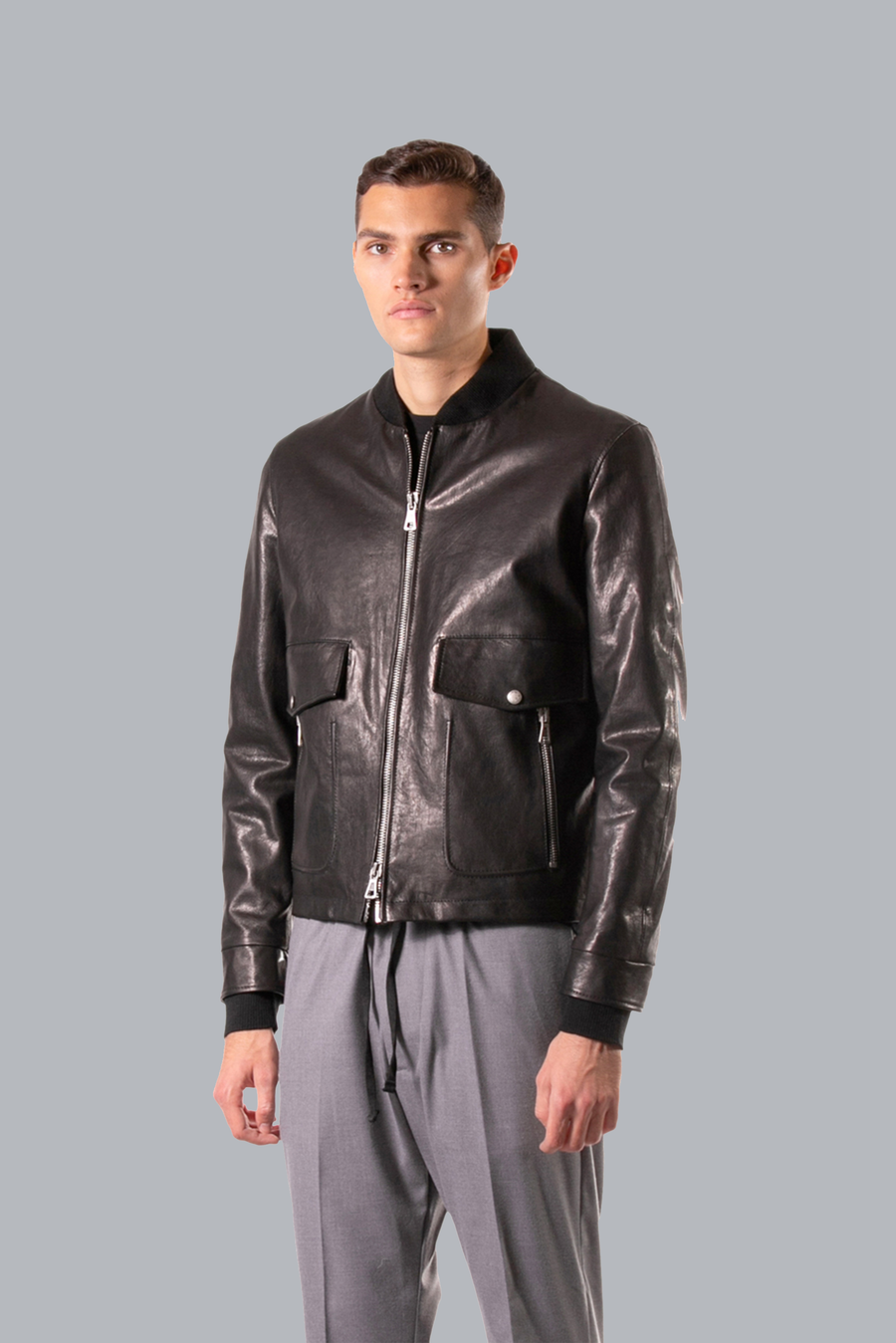 Leather jacket with flap pockets