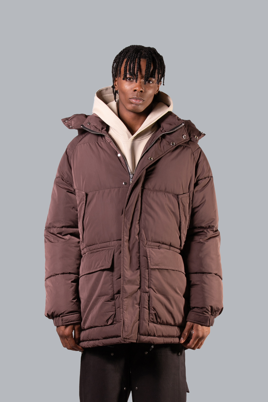 LONG DOWN JACKET WITH HOOD - BROWN